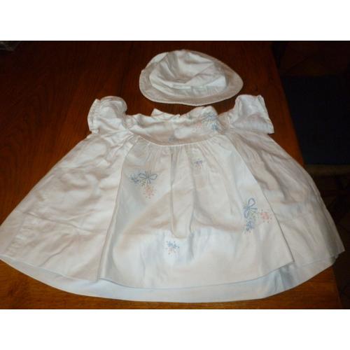 Robe Vintage Coton Blanc Et Broderies - Bébé Fille "Ma Petite Reine Paris" - Largeur Sous Aisselles 30cm - Longueur 33cm