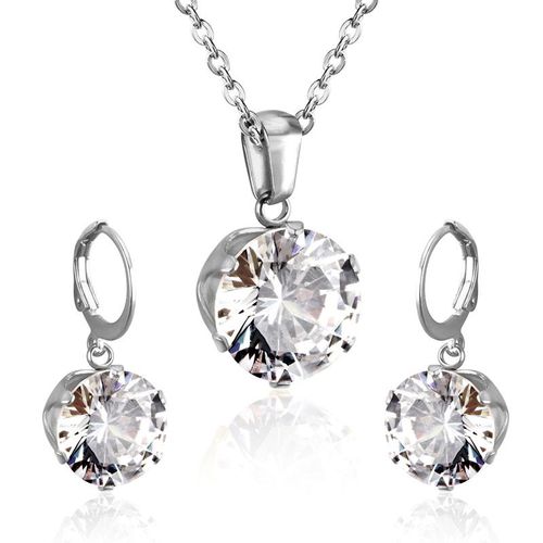 Parure De Bijoux De Luxe En Acier, Ensemble De Bijoux Délicats, Breloque, Blanc/Noir/Bleu/Bleu Foncé/Rose, Pendentif En Cristal, Collier, Boucles D'oreilles De Mariage