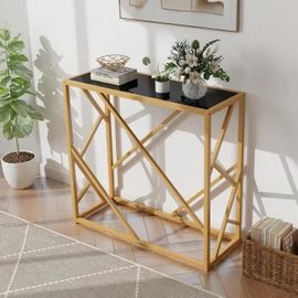Table De Console - Costway - Meuble D¿Entrée, Plateau En Verre Trempé Noi,Cadre En Métal Doré 80 X 30 X 75 Cm, Design Géométrique