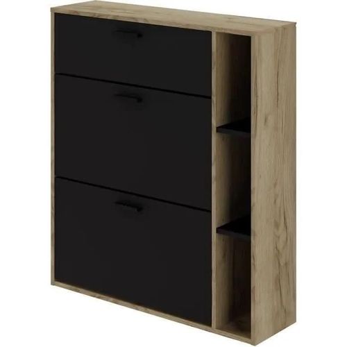 Meuble A Chaussures Leona 2 Portes - Mélaminé Noir Et Contour Chene Rustique - 8 A 10 Paires - L90 X P25 X H102 Cm