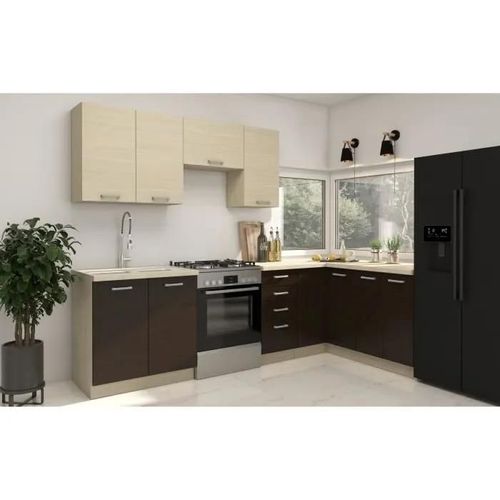 Chamonix Cuisine Complete D'angle Réversible (Gauche / Droit) - Décor Chene - L400 X P52 X H82 Cm - Plan De Travail Non Inclus