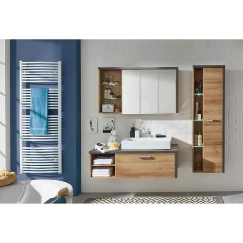 Bay Salle De Bain Complete : Armoire+Colonne+Meuble Avec Vasque+Miroirs - Mélaminé Chene Et Béton - L186 X P53 X H198 Cm -