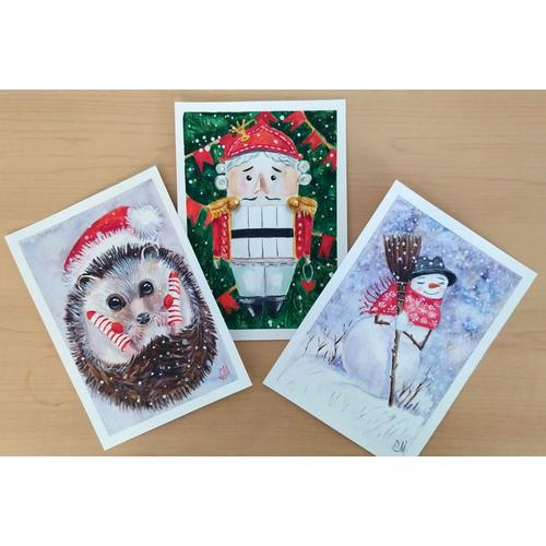 Cartes Postales Aquarelles Noël Originales Peintes À La Main, Lot De Trois Cartes, Cartes Aquarelles