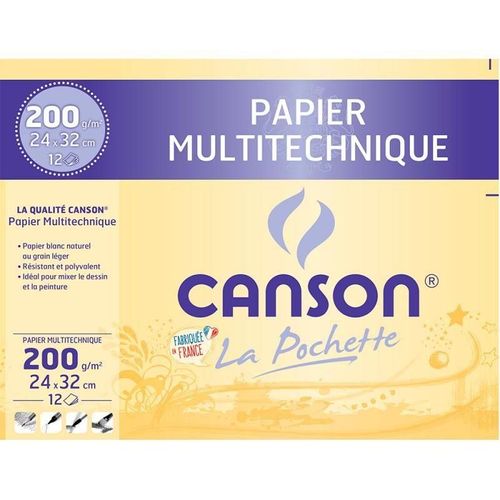 Canson Pochette 12 Feuilles Papier Multitechnique 24x32cm 200g