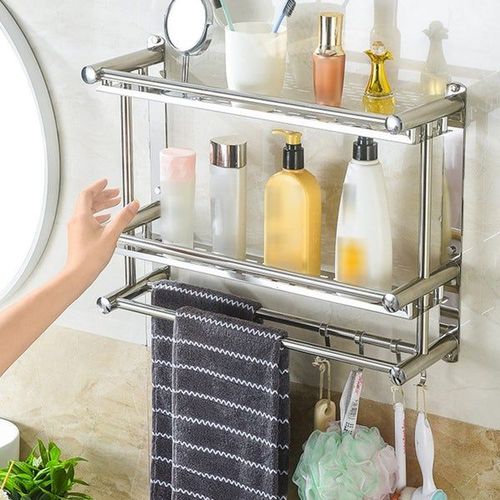 Étagère de douche à double couche avec 2 barres porte-serviettes et 4 crochets