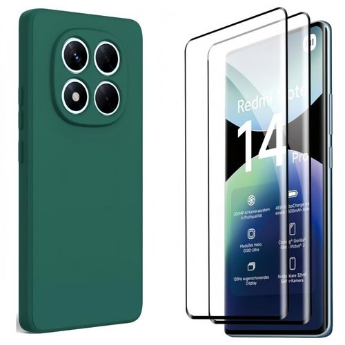 Coque Pour Xiaomi Redmi Note 14 Pro 5g (Pas Pour 4g) + 2 Verre Trempé , Coque Silicone Liquide Intérieur Microfibre Vert Fonce - Hqselection®