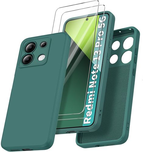 Coque Pour Xiaomi Redmi Note 13 Pro 5g (Pas Pour 4g) + 2 Verre Trempé , Coque Silicone Liquide Intérieur Microfibre Vert Fonce - Hqselection®