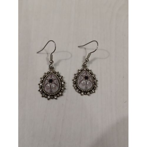 Boucles D'oreilles Avec Strass,Forme Goutte,Motif Fleur,Noir Et Blanc