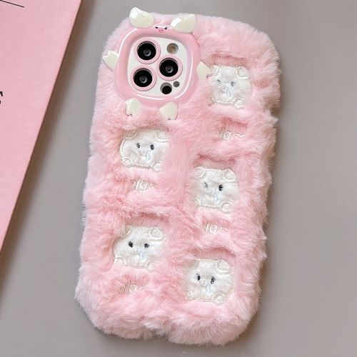 Coque Complète En Peluche Brodée Pour Iphone 16 Pro (Cochon Rose Et Blanc)