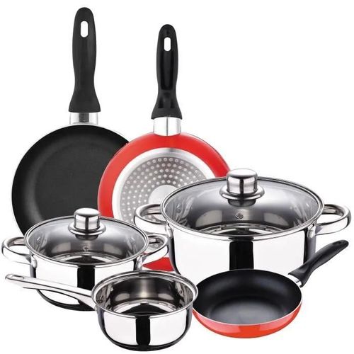 S.Ignacio Cassel Batterie 5 Pièces + 3 Poeles Ø16-Ø20-Ø24 Cms Rouge Aluminium Pressé, Antiadhésif, Induction