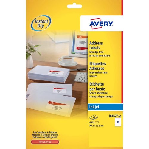 Avery Lot De 3 J8162-40s - 640 Étiquettes D'adressage Blanches Adhésives Personnalisables. 99,1x33,9mm. Impression Jet D'encre
