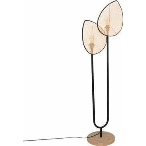 Lampadaire 2 Abat-Jours En Cannage De Rotin Et Métal Noir H 143 Cm
