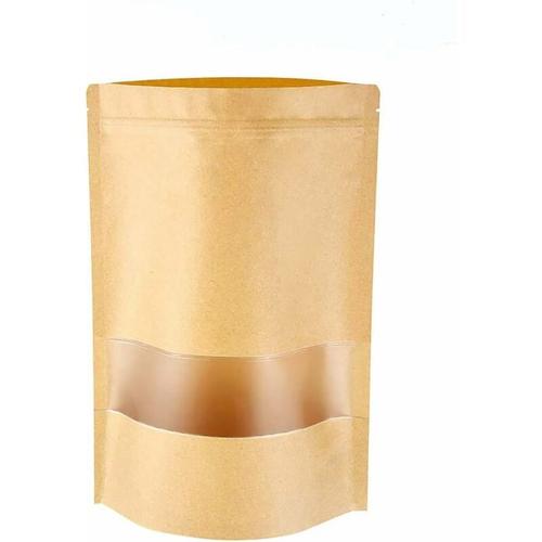 100pcs Papier Kraft Sac Stand Up Zip Lock De Nourriture Marron Pochette En Paper À Fenêtre Transparente Stockage La Nourriture Réutilisable Bag Le Pain Noix Cadeau Grains De Café Bijoux 14 20