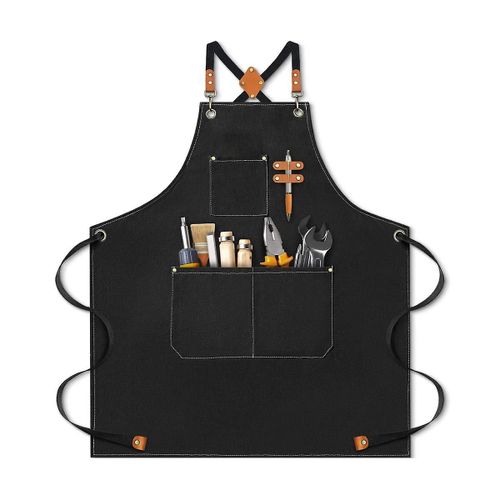 Tablier De Chef Pour Hommes, Tablier En Toile De Coton Robuste Tablier Arrière Tablier Avec Bretelles Réglables Et Poches Noir