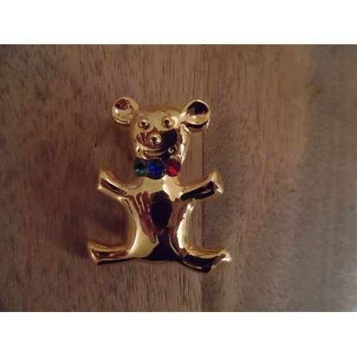 Broche Ourson Métal Doré Et Strass Multicolore