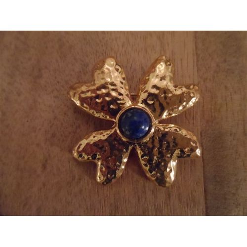 Broche Fleur Métal Doré Et Perle Plastique Bleu