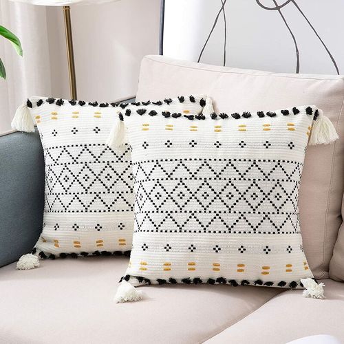 Lot De 2 Housse De Coussin Moderne Boheme Tissée En Coton Taie D'oreiller À Motif Géométrique Décoration Pour Salon Canapé Chambre Maison 45 X 45 Cm, Noir Et Blanc