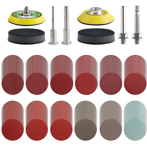 Lot de 200 disques de ponçage de 5,1 cm pour perceuse, meuleuse, outils rotatifs avec 2 plaques de support à tige de 0,6 cm et 0,6 cm, patins de ponçage inclus.
