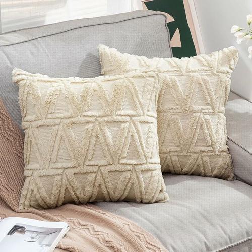 Lot De 2 Housses De Coussins Tissu Laine Artificielle Et Polyester Motif Triangle Moderne Doux Lisse Confortable Taie D'oreiller À Salon Chambre Canapé 40x40cm Beige