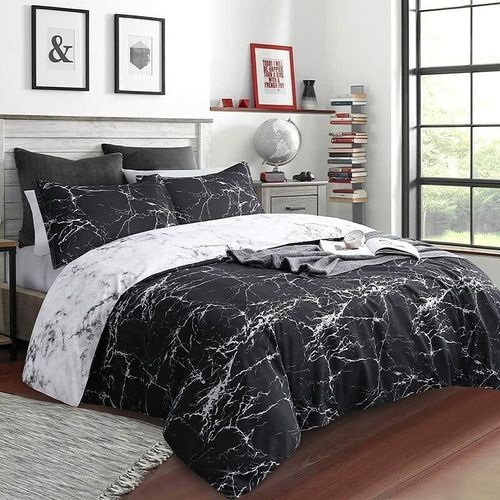 Housse De Couette 220x240cm + 2 X Taies D&39oreiller 65x65cm - Marbre Noir Et Blanc Réversible Parure De Lit 2 Personne Adulte Avec Fermeture Éclair