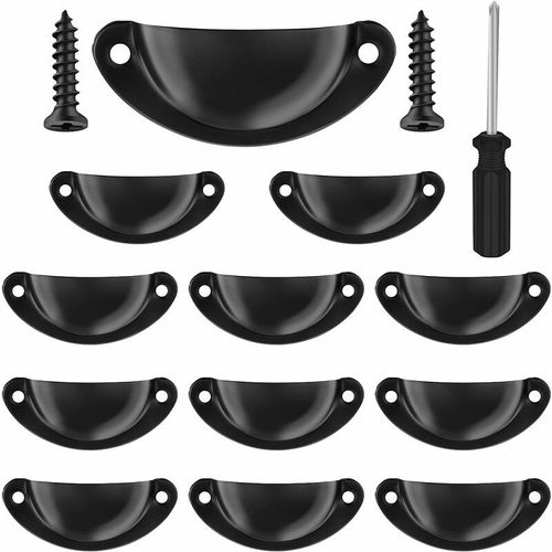 Lot de 12 Poignées de Tiroir Vintage, Poignées de Meubles Traditionnelles en Demi Lune, Poignées de Coquille pour Placard, Armoire, Commode, Noir, Vis et Tournevis Incluses