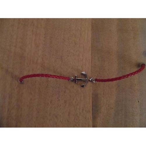 Bracelet Cuir Rouge Breloque Ancre Argentée
