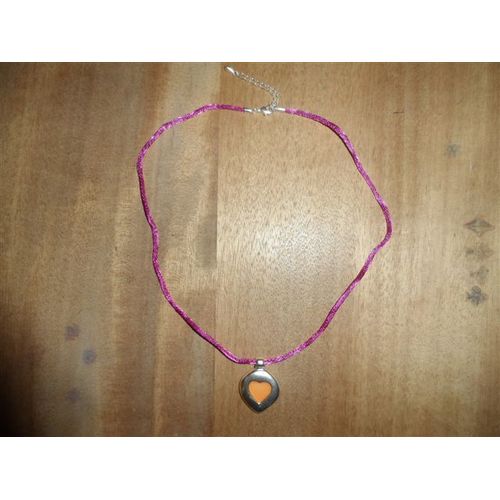Collier Cordon Satin Rose Pendentif CUr Métal