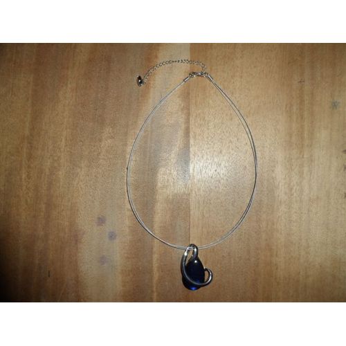 Collier Métal Argenté Pendentif Perle Bleu Et Boucle Argentée