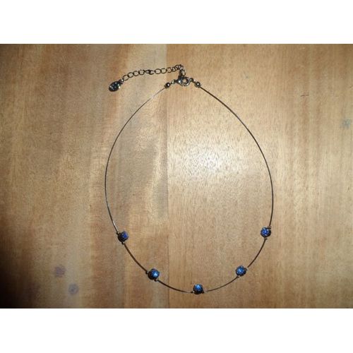 Collier Métal 5 Perles Strass Bleu