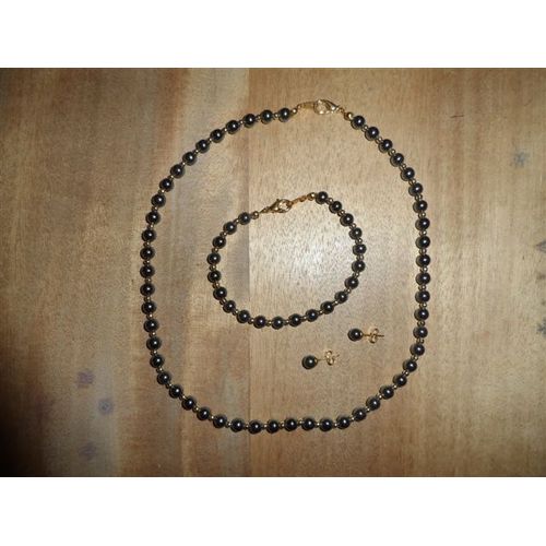 Collier, Bracelet Et Clous DOreille Perles Gris Et Doré
