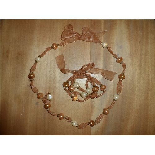 Sautoir Et Bracelet Ruban Et Perles Nacre Blanc Et Marron