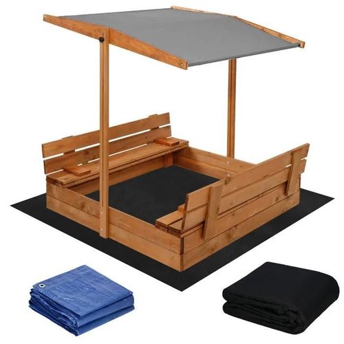 Springos® Bac À Sable En Bois Avec Bancs Et Toit 120 X 120 Cm - Inclus Géotextile Et Bâche De Protection