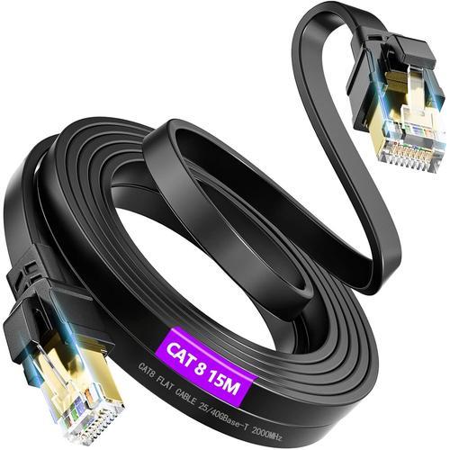 Cable Ethernet 15M Cat 8, Cable Réseau Blindé Plat, Haut Debit Gigabit 40Gbps 2000Mhz, Cable Rj45 Gigabit Plat, Câble Internet Noir 15 Mètres, Cable Lan Pour Modem Routeur