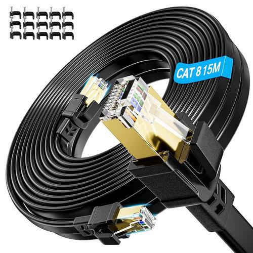 Cable Ethernet Cat 8 15M, Cable Rj45 15 Mètres Blindé 40Gbps 2000Mhz Câble Internet Haut Debit Impermeable Cable Reseau Gigabit Extra Long Câble Lan Plat Câble De Patch Noir Pour Modem, Routeur