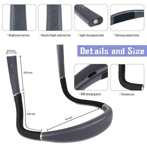 Lampe De Lecture Pour Le Cou Lampe De Livre Pour La Lecture Au Lit Bras En Silicone Pliable Led Lumière Rechargeable Pour Le Camping, Réparateur-Gris