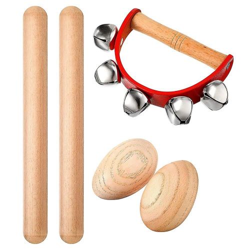 Ensemble d¿instruments de percussion de musique, bâtons de rythme + shakers d¿oeufs en bois + jingles de tambourin, pour le Christ