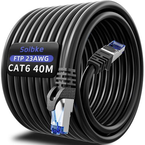 Cable Ethernet 40M, Cable Rj45 Cat 6 Blindé Ftp Câble Réseau Haut Débit Gigabit 1000 Mbits Câble Lan 23Awg Noir Câble Internet Extérieur Intérieur Imperméable Cable Patch Pour Routeur Modem