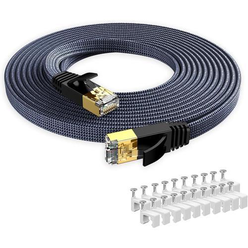 15M Câble Ethernet Cat7, External & Internal Lan Cable 10Gbit/S 600Mhz Plat Tissage Nylon Stp Rj45 Cable Aver Salles Informatiques Extérieures Industrielles Et D'Entreprise, Avec 20 Clips