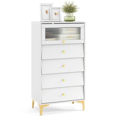 Costway Commode Chambre Avec Porte En Verre Strié Basculante Et 4 Tiroirs Coulissants, Pour Chambre, Salon, 60x40x112,5 Cm, Blanc