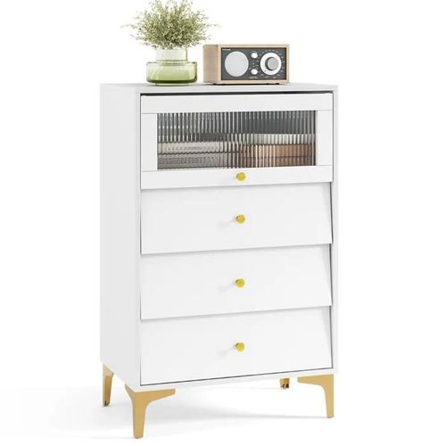Costway Commode Chambre Avec Porte En Verre Strié Basculante Et 4 Tiroirs Coulissants, Pour Chambre, Salon,60x40x95,5 Cm, Blanc