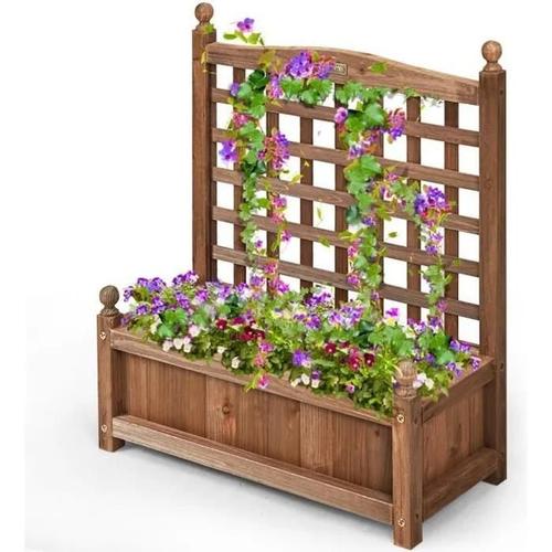 Costway Jardinière Avec Treillis En Bois 64,5 X 28 X 75 Cm Bac À Fleurs Rectangulaire Avec Trous De Drainage Pour Jardin Terrasse