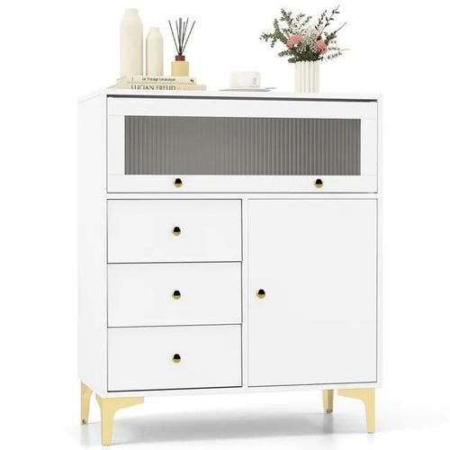 Costway Commode Chambre Avec Porte En Verre Strié Basculante Et 3 Tiroirs Coulissants, Pour Chambre, Salon, 80x40x95,5 Cm, Blanc