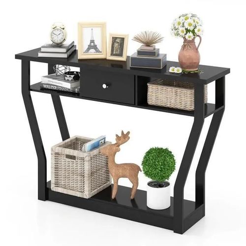 Table Console Costway Avec 1 Tiroir Et 2 Compartiments De Rangement, Style Campagne, Noir