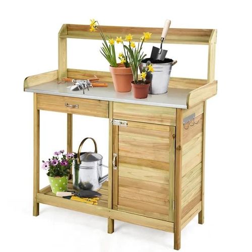 Costway Jardinière Table D¿Empotage En Bois De Sapin, Tiroir Et Porte, Etagère Ouverte Et 3 Crochets, Pour Jardin Terrasse Balcon