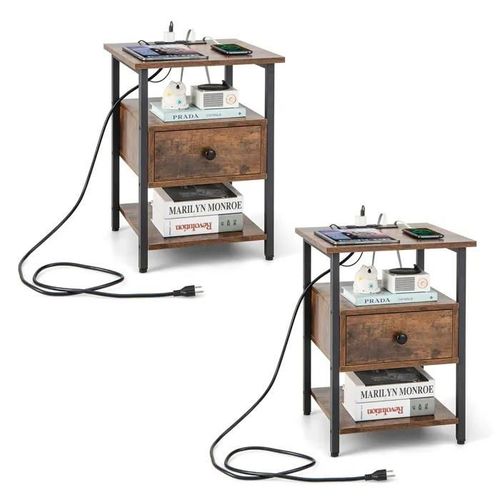 Costway Lot De 2 Table De Chevet Avec Station De Charge, Etagères Ouvertes Et Tiroir, Style Industriel, Pour Chambre, Salon, Bureau