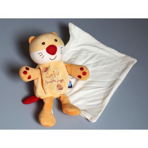 Doudou Chat Orange Rouge Mouchoir Blanc Cajou Sucre D'orge