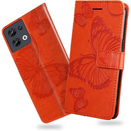 Coque Pour Oppo Reno 8 5g, Papillon Imprime Housse En Cuir Pu Magnetique Portefeuille, Etui A Rabat Pour Oppo Reno 8 5g, Orange