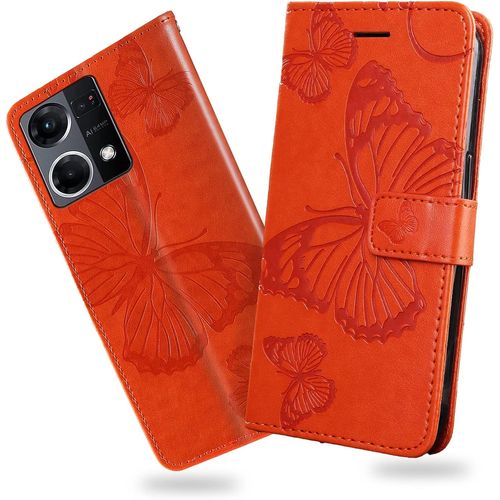 Coque Pour Oppo Reno 7 4g, Papillon Imprime Housse En Cuir Pu Magnetique Portefeuille, Etui A Rabat Pour Oppo Reno 7 4g, Orange