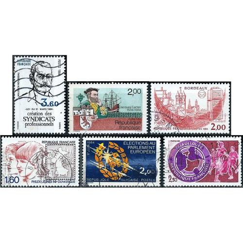 France 1984, Beaux Timbres Yvert 2302 Guadeloupe, 2305 Syndicats, Waldeck Rousseau, 2306 Élections Au Parlement Européen, 2307 Le Canada, Jacques Cartier, 2308 Philexjeunes Et 2316 Bordeaux Obli Tbe.