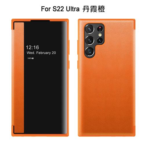 Coque Pour Samsung S22 Ultra, Cuir,Clamshell, Etui De Téléphone Visuel - Orange
